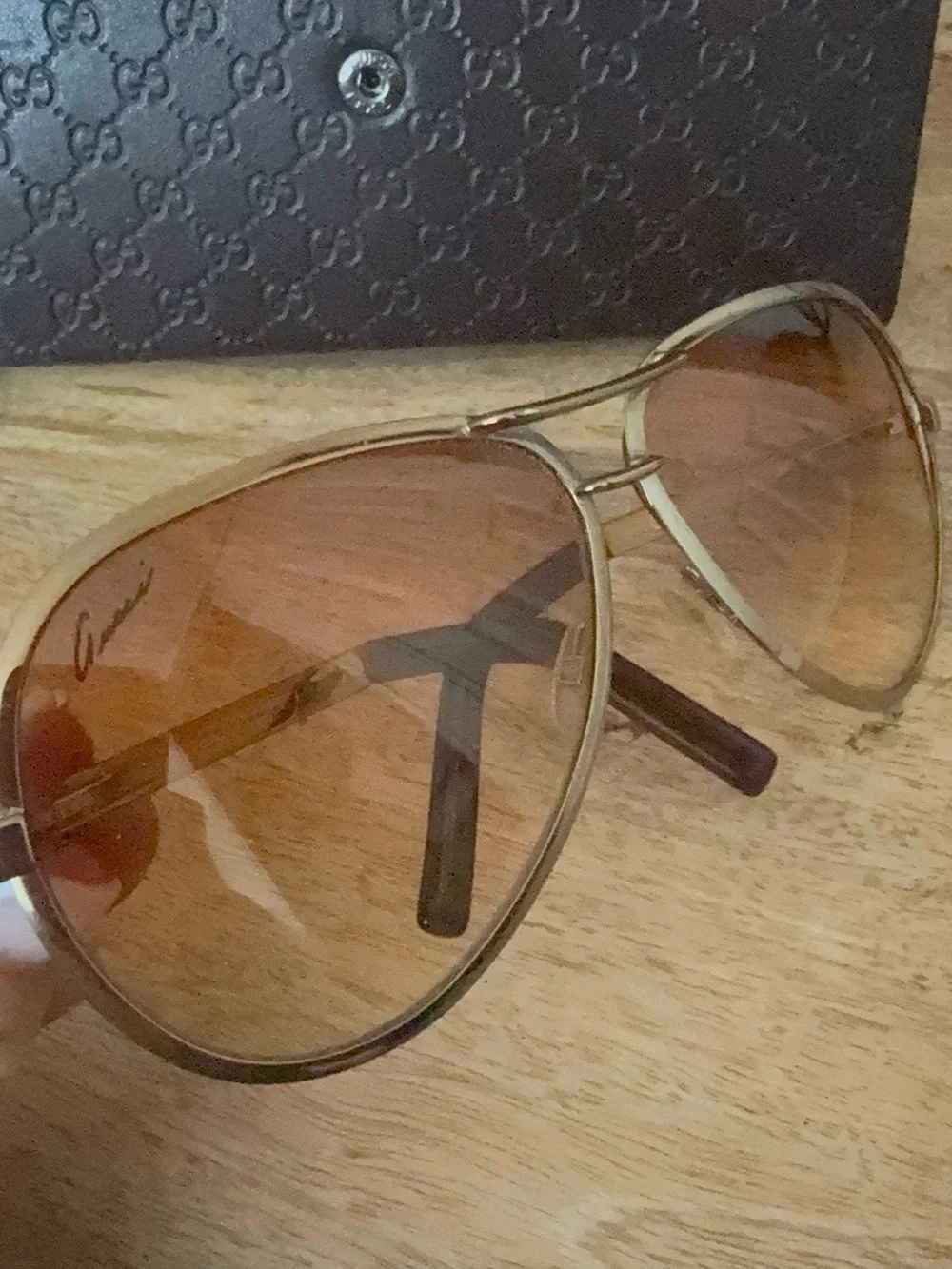 Vintage Gucci Aviator Gold Sunglasses with Brown Gradient Lenses